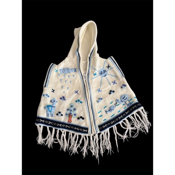 Vtg Sweater Hooded Fringe Poncho Toddler Size, Blue Appliqué Llama Desert Sun - Picture 1 of 10